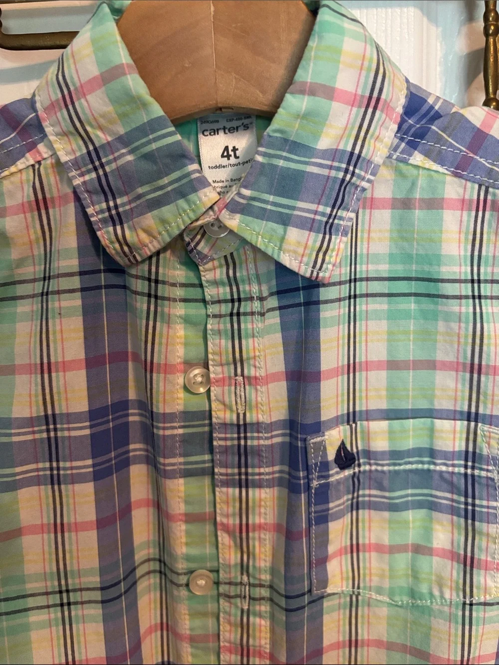 Boys Plaid Short-Sleeve Shirt - Pastel Green & Blue - Size 4T